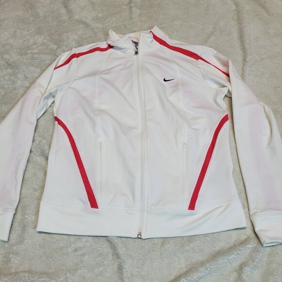 Nike Fit Dry White Pink Stripe Full Zip‎ Up Sporty Activewear Track Jacket Large - Picture 1 of 7